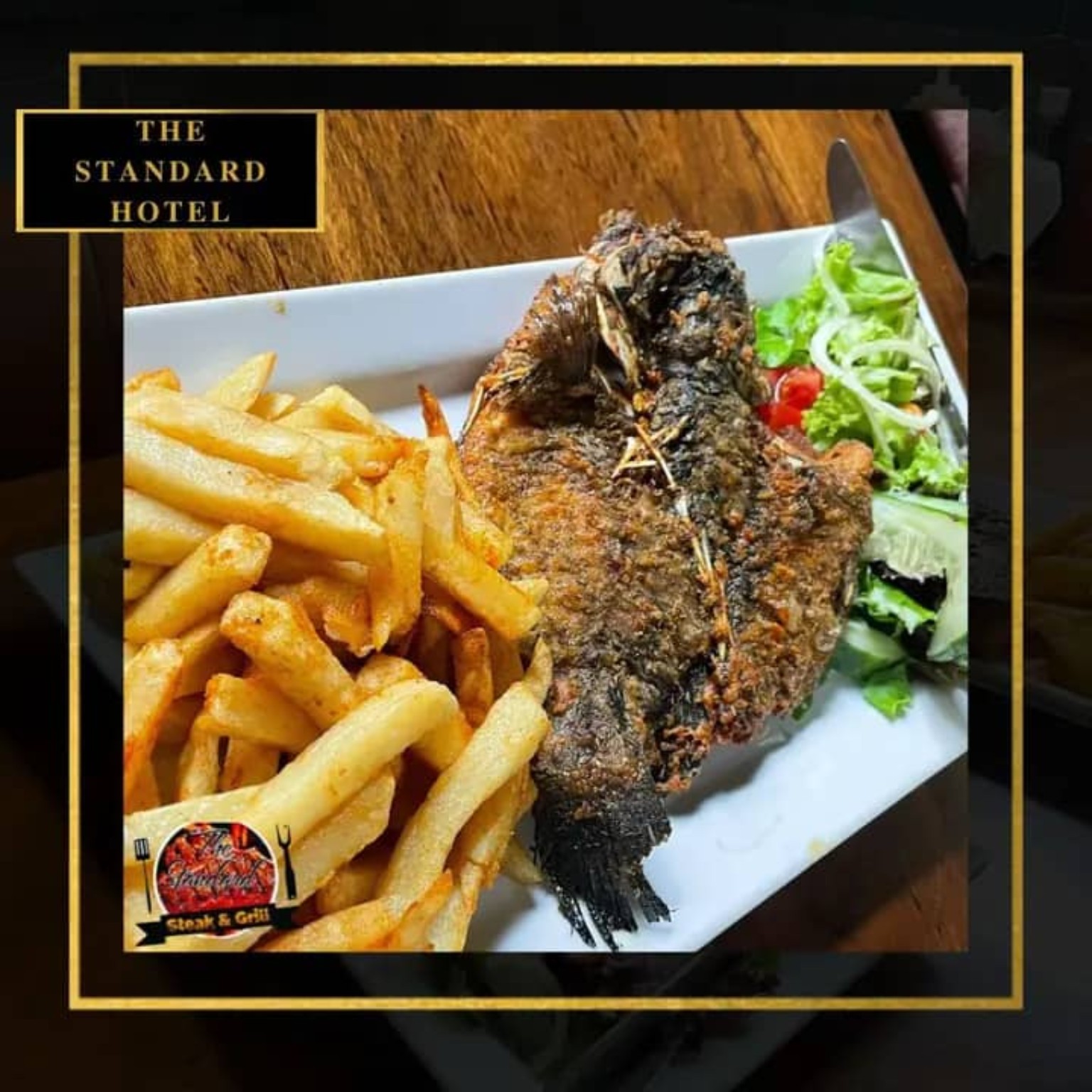 Grilled fish menu selection with chips at The Standard Hotel